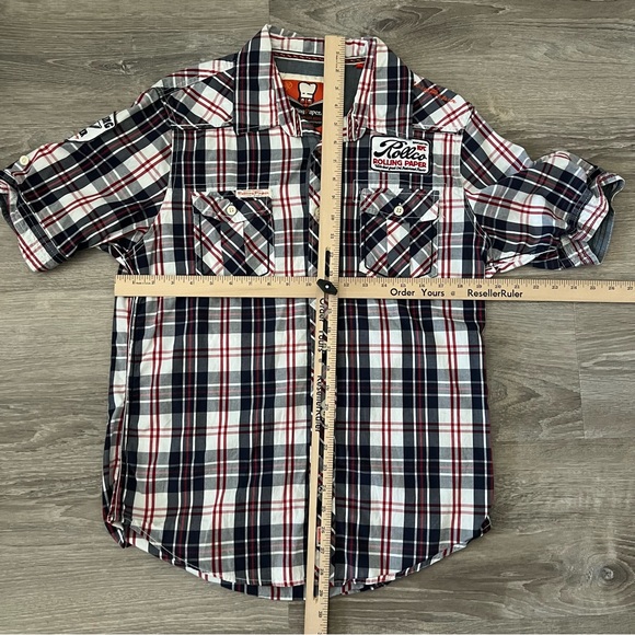 Rolling Paper Brand NYC Rollco Shirt Mens Short Sleeve Sz L Blue Red White Plaid - Picture 11 of 11